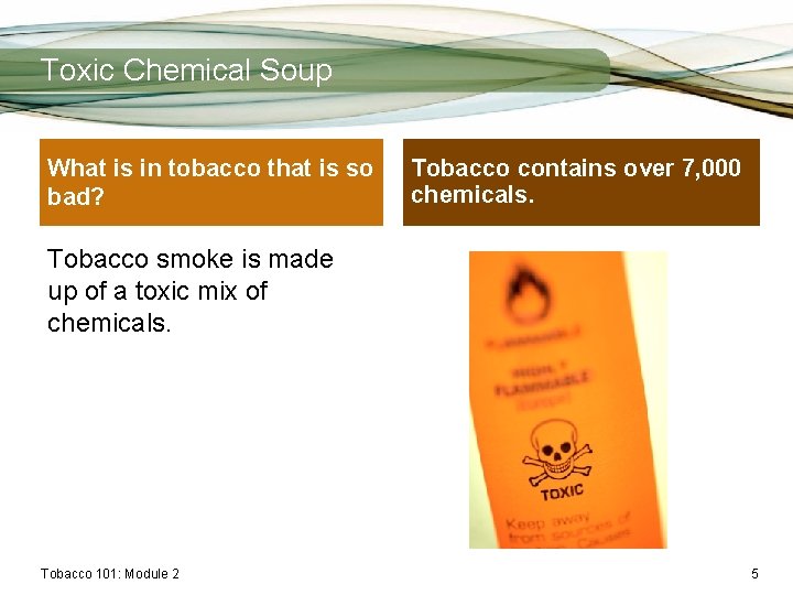 Toxic Chemical Soup What is in tobacco that is so bad? Tobacco contains over