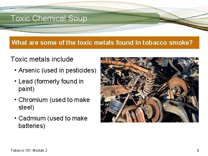 Toxic Chemical Soup What are some of the toxic metals found in tobacco smoke?