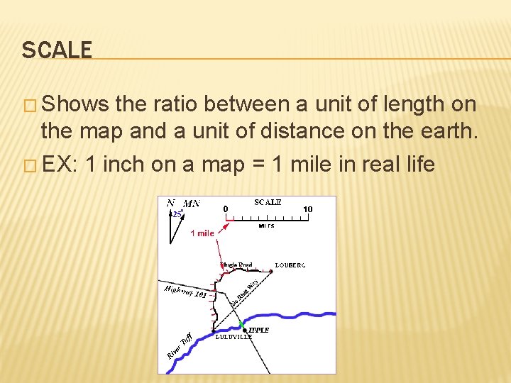SCALE � Shows the ratio between a unit of length on the map and
