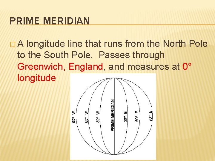 PRIME MERIDIAN �A longitude line that runs from the North Pole to the South