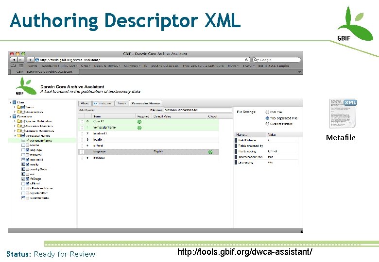 Authoring Descriptor XML Metafile Status: Ready for Review http: //tools. gbif. org/dwca-assistant/ 