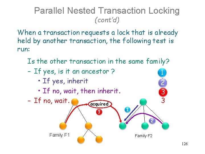 Parallel Nested Transaction Locking (cont’d) When a transaction requests a lock that is already