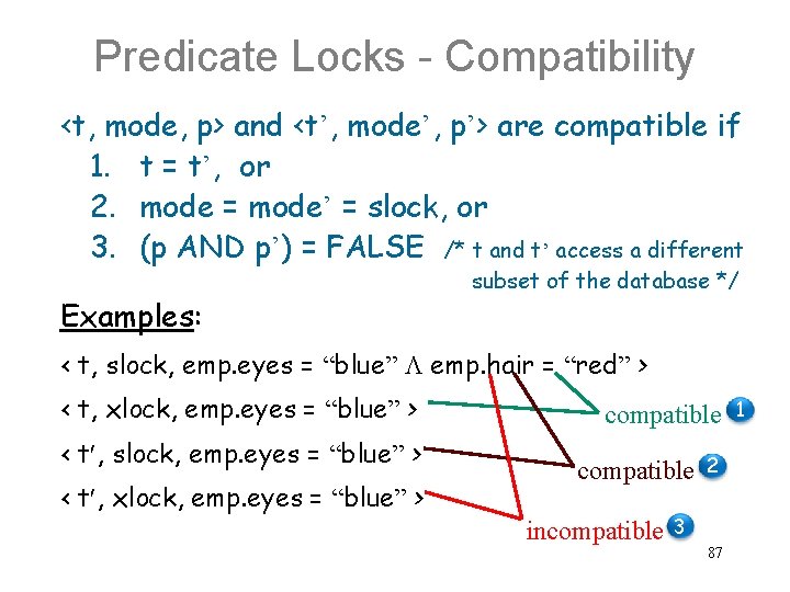 Predicate Locks - Compatibility <t, mode, p> and <t’, mode’, p’> are compatible if