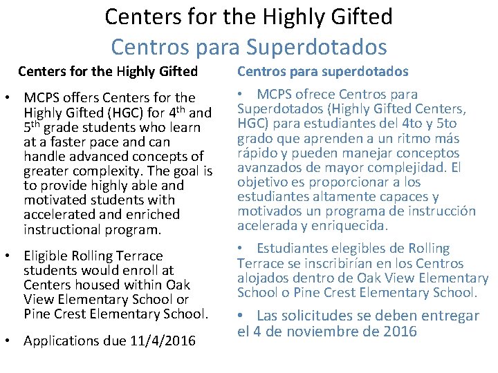 Centers for the Highly Gifted Centros para Superdotados Centers for the Highly Gifted •