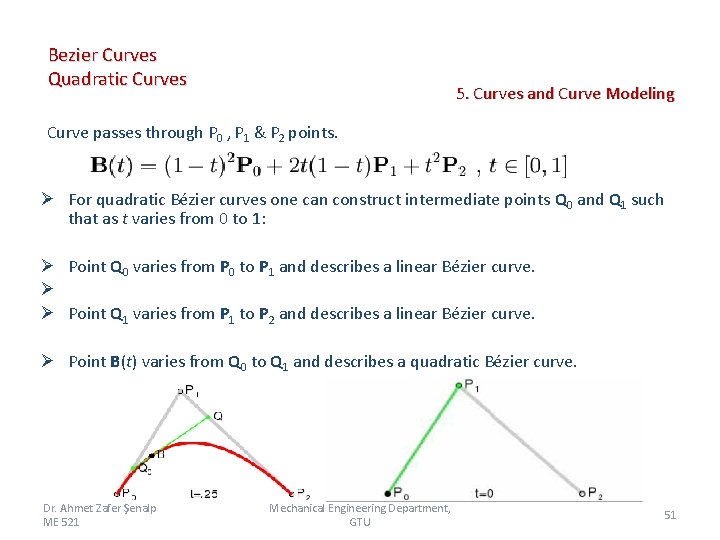Bezier Curves Quadratic Curves 5. Curves and Curve Modeling Curve passes through P 0