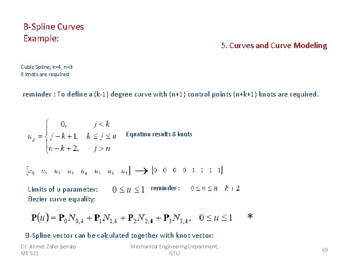 B-Spline Curves Example: 5. Curves and Curve Modeling Cubic Spline; k=4, n=3 8 knots