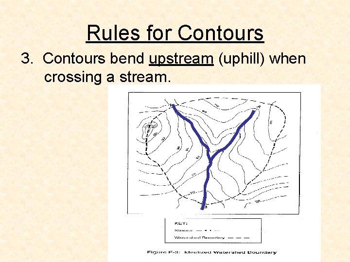 Rules for Contours 3. Contours bend upstream (uphill) when crossing a stream. 