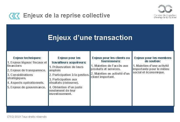 Enjeux de la reprise collective Enjeux d’une transaction Enjeux techniques: Enjeux pour les 1.