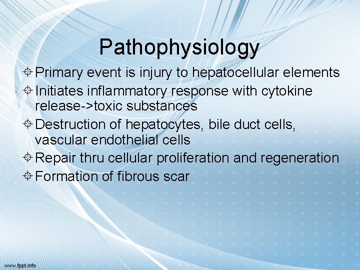 Pathophysiology Primary event is injury to hepatocellular elements Initiates inflammatory response with cytokine release->toxic