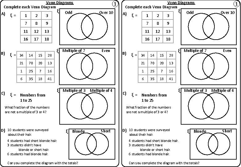 Venn Diagrams Complete each Venn Diagram ξ Odd A) ξ = 1 2 3