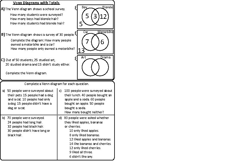 Venn Diagrams with Totals A) The Venn diagram shows a school survey. ξ How