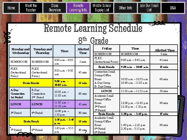 Meet the Teacher Home Class Overview Remote Learning Info. Middle School Supply List Other