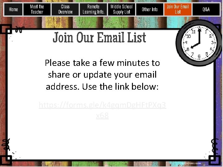 Home Meet the Teacher Class Overview Remote Learning Info. Middle School Supply List Other