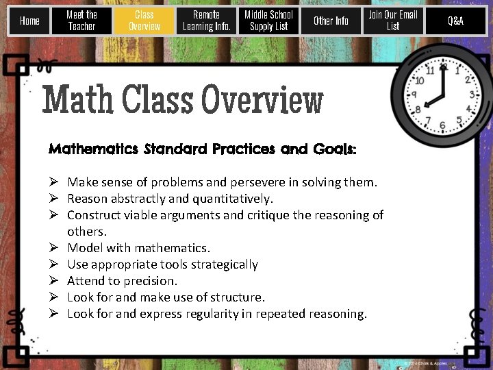 Home Meet the Teacher Class Overview Remote Learning Info. Middle School Supply List Other