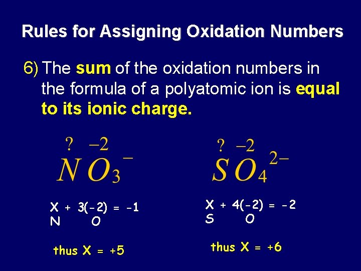 Rules for Assigning Oxidation Numbers 6) The sum of the oxidation numbers in the