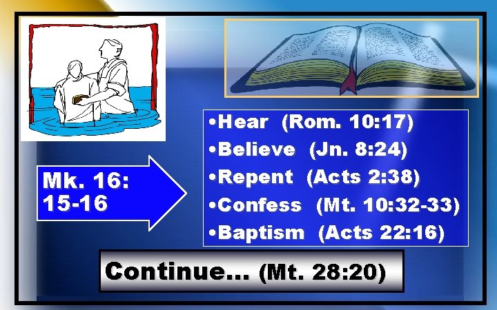 Mk. 16: 15 -16 • Hear (Rom. 10: 17) • Believe (Jn. 8: 24)