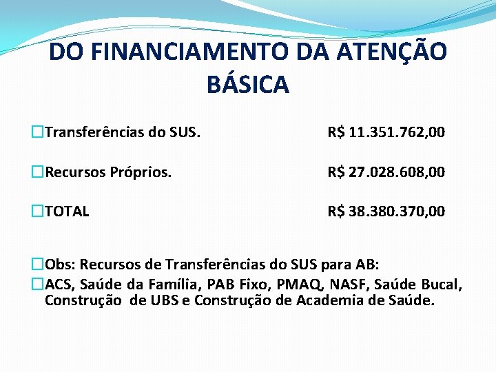 DO FINANCIAMENTO DA ATENÇÃO BÁSICA �Transferências do SUS. R$ 11. 351. 762, 00 �Recursos