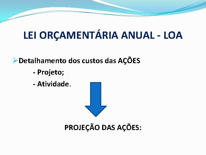 LEI ORÇAMENTÁRIA ANUAL - LOA ØDetalhamento dos custos das AÇÕES - Projeto; - Atividade.