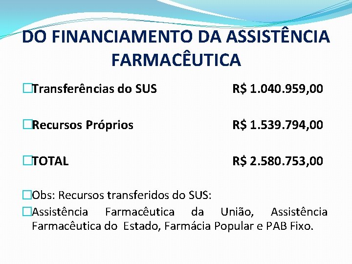 DO FINANCIAMENTO DA ASSISTÊNCIA FARMACÊUTICA �Transferências do SUS R$ 1. 040. 959, 00 �Recursos