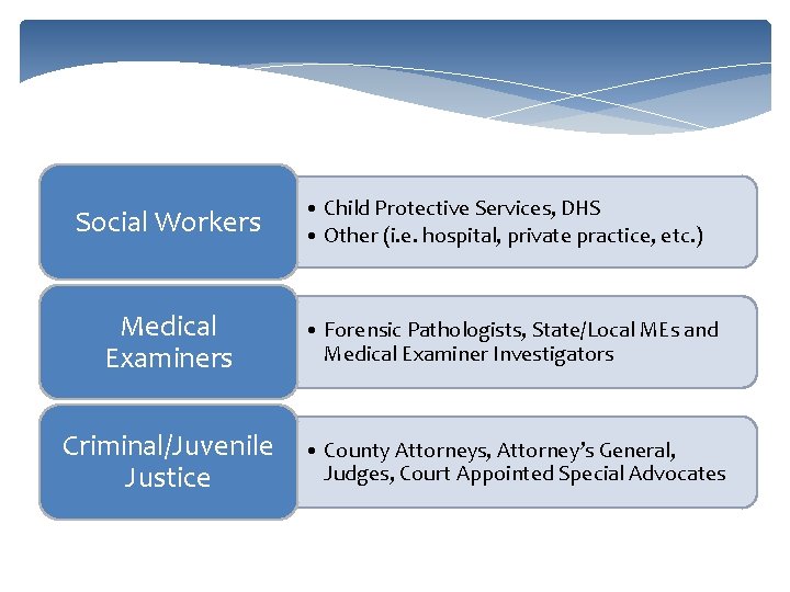 Social Workers • Child Protective Services, DHS • Other (i. e. hospital, private practice,