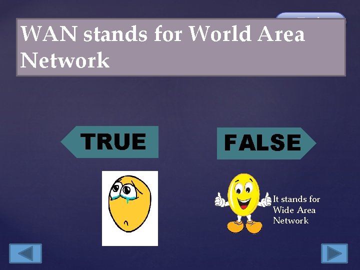 WAN stands for World Area Network TRUE FALSE It stands for Wide Area Network