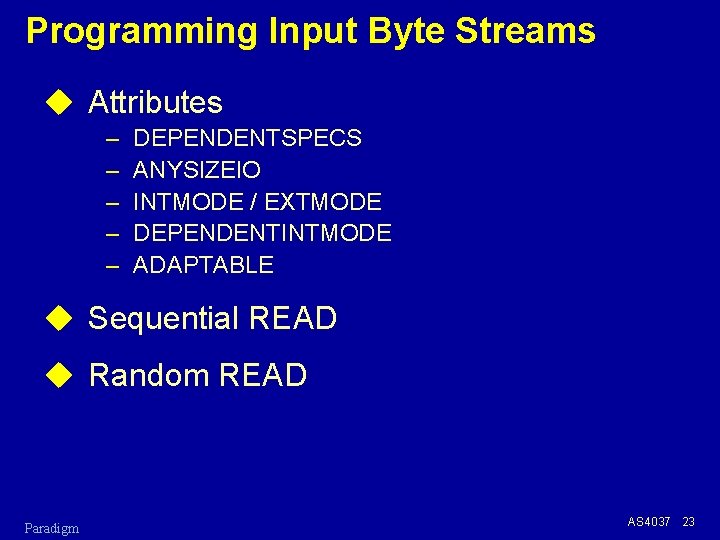 Programming Input Byte Streams u Attributes – – – DEPENDENTSPECS ANYSIZEIO INTMODE / EXTMODE