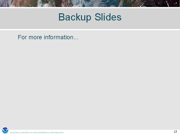 Backup Slides For more information. . . NATIONAL CENTERS FOR ENVIRONMENTAL INFORMATION 12 