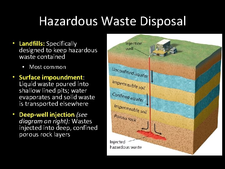 Hazardous Waste Disposal • Landfills: Specifically designed to keep hazardous waste contained • Most