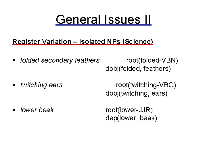 General Issues II Register Variation – Isolated NPs (Science) § folded secondary feathers root(folded-VBN)