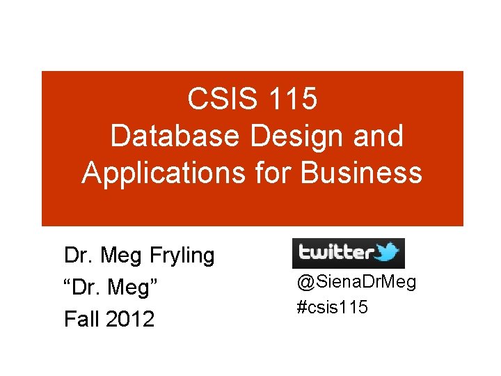 CSIS 115 Database Design and Applications for Business Dr. Meg Fryling “Dr. Meg” Fall