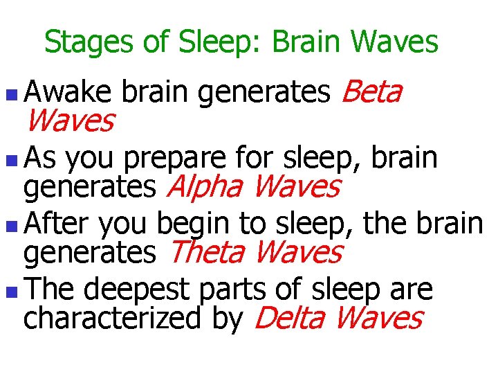 Stages of Sleep: Brain Waves n Awake brain generates Beta Waves As you prepare Stages of Sleep: Brain Waves n Awake brain generates Beta Waves As you prepare