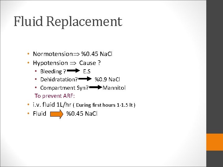 Fluid Replacement • Normotension %0. 45 Na. Cl • Hypotension Cause ? • Bleeding