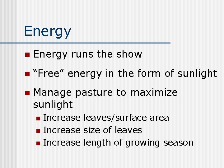 Energy n Energy runs the show n “Free” energy in the form of sunlight