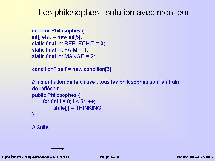 Les philosophes : solution avec moniteur. monitor Philosophes { int[] etat = new int[5];