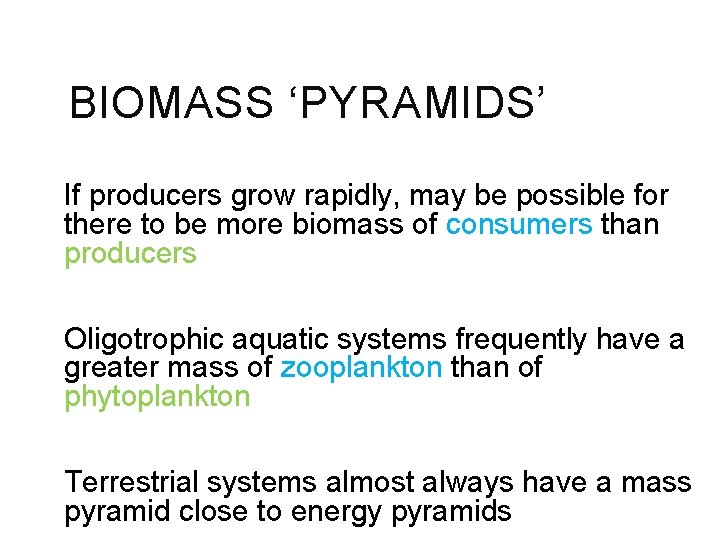 BIOMASS ‘PYRAMIDS’ If producers grow rapidly, may be possible for there to be more