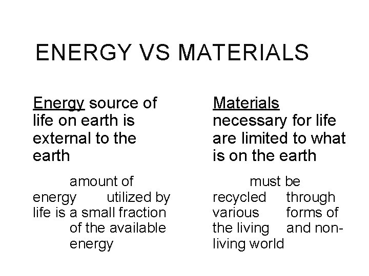 ENERGY VS MATERIALS Energy source of life on earth is external to the earth