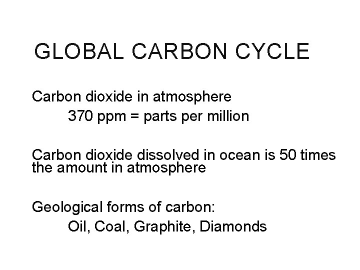 GLOBAL CARBON CYCLE Carbon dioxide in atmosphere 370 ppm = parts per million Carbon