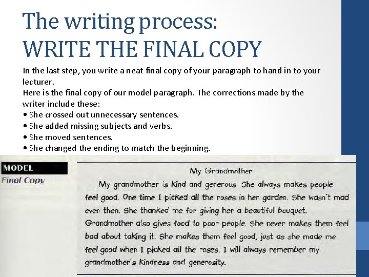 The writing process: WRITE THE FINAL COPY In the last step, you write a