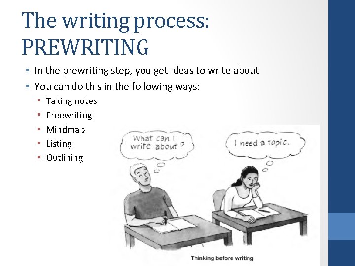 The writing process: PREWRITING • In the prewriting step, you get ideas to write