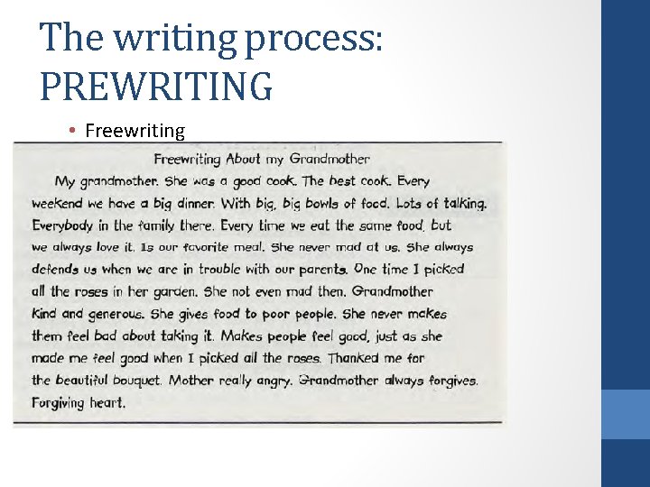 The writing process: PREWRITING • Freewriting 