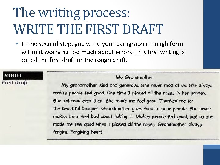 The writing process: WRITE THE FIRST DRAFT • In the second step, you write