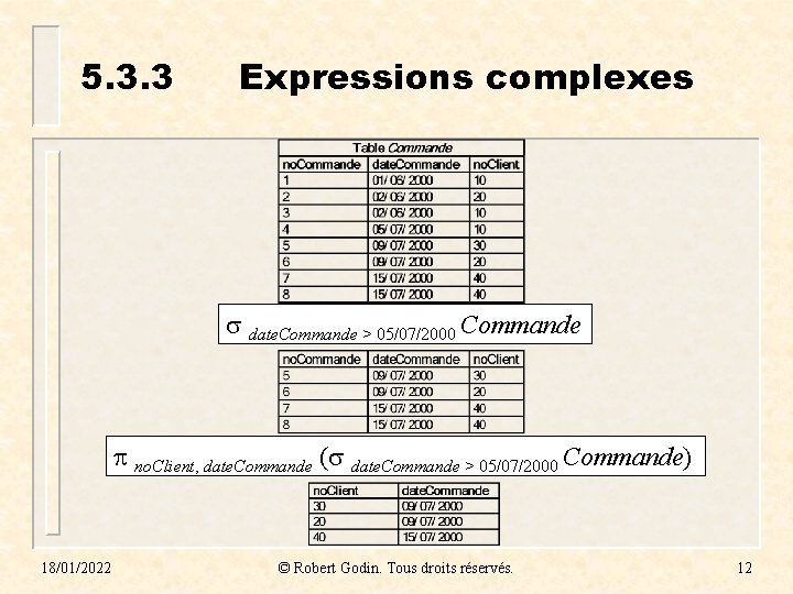 5. 3. 3 Expressions complexes date. Commande > 05/07/2000 Commande no. Client, date. Commande