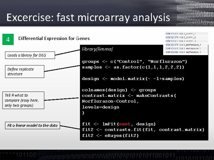 Excercise: fast microarray analysis 4 Differential Expression for Genes library(limma) Loads a library for