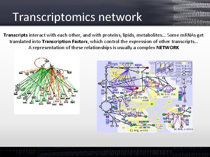 Transcriptomics network Transcripts interact with each other, and with proteins, lipids, metabolites. . .