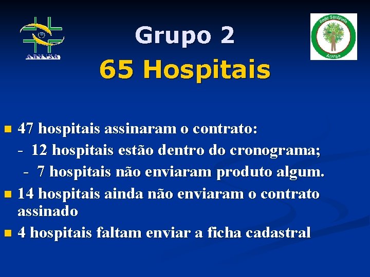 Grupo 2 65 Hospitais 47 hospitais assinaram o contrato: - 12 hospitais estão dentro