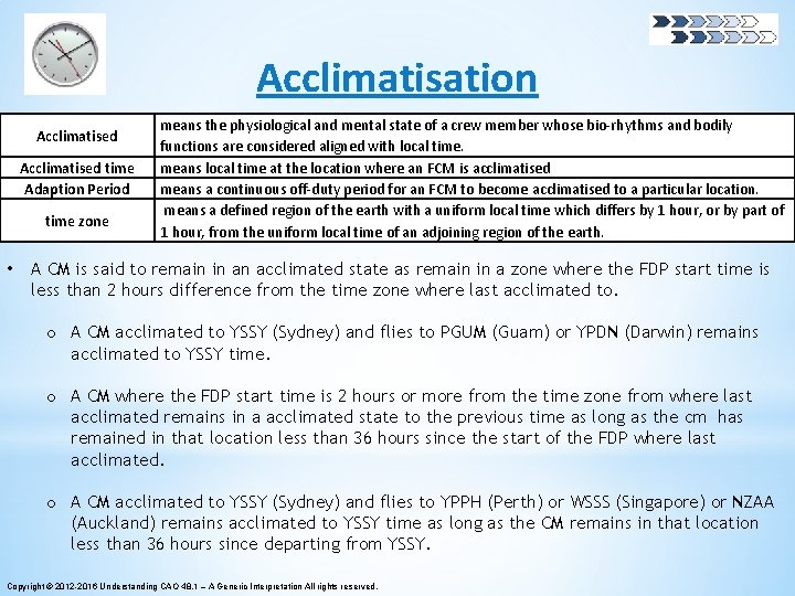 Acclimatisation Acclimatised time Adaption Period time zone • means the physiological and mental state Acclimatisation Acclimatised time Adaption Period time zone • means the physiological and mental state