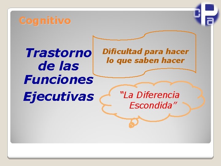 Cognitivo Trastorno de las Funciones Ejecutivas Dificultad para hacer lo que saben hacer “La