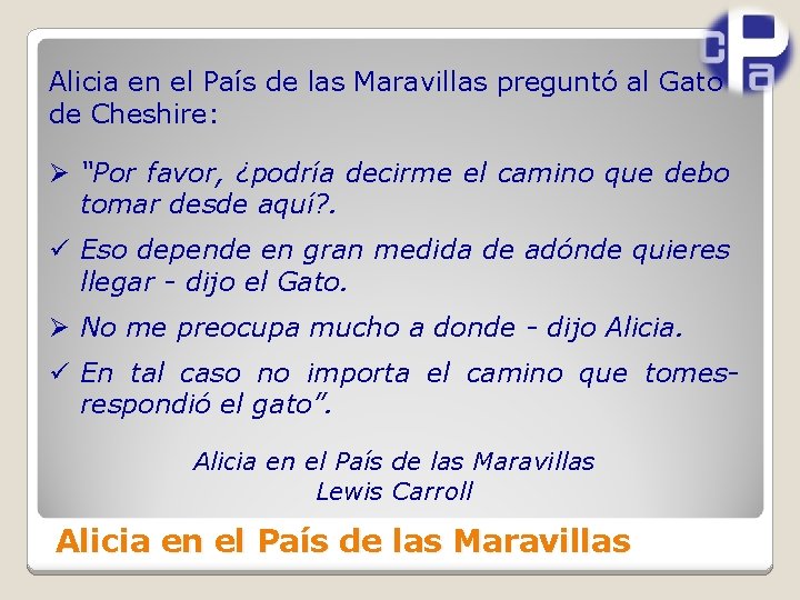 Alicia en el País de las Maravillas preguntó al Gato de Cheshire: Ø “Por