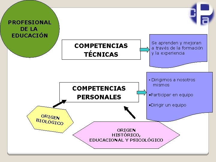 PROFESIONAL DE LA EDUCACIÓN COMPETENCIAS TÉCNICAS COMPETENCIAS PERSONALES Se aprenden y mejoran a través
