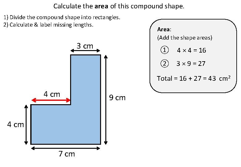 Calculate the area of this compound shape. 1) Divide the compound shape into rectangles.